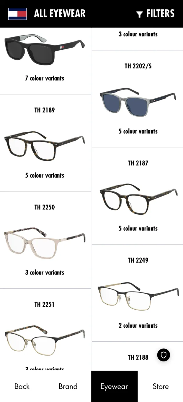 Screenshot des Katalogs von Tommy Hilfiger Eyewear im ARShades Gateway