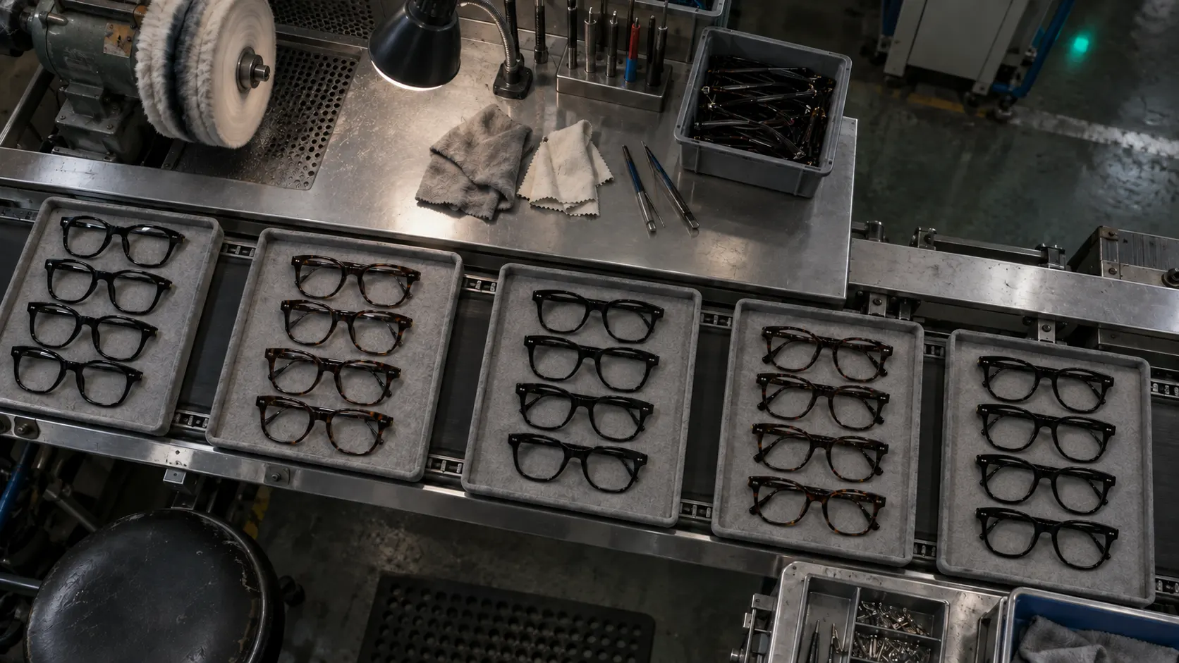 Eine Produktionslinie von oben: Tabletts mit Acetatfassungen, bereit für Prüfung und Politur.
