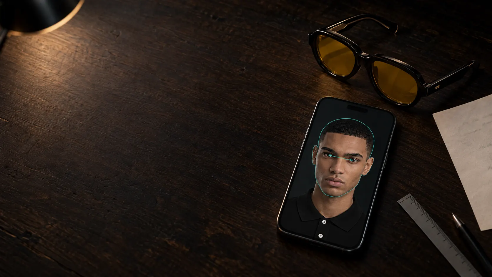 Ein Holzschreibtisch mit einem Smartphone, das die Pupillendistanz im Gesicht eines Mannes misst; daneben eine ARShades-Brille, ein Brillenrezept und ein Lineal.