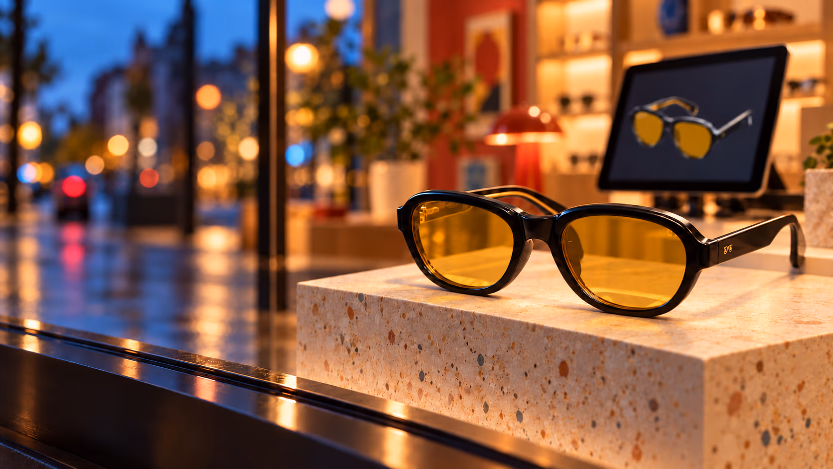Schwarze ARShades-Brille mit bernsteinfarbenen Gläsern auf einem Sockel im abendlichen Schaufenster eines Augenoptikers; daneben zeigt ein Tablet dasselbe Modell.