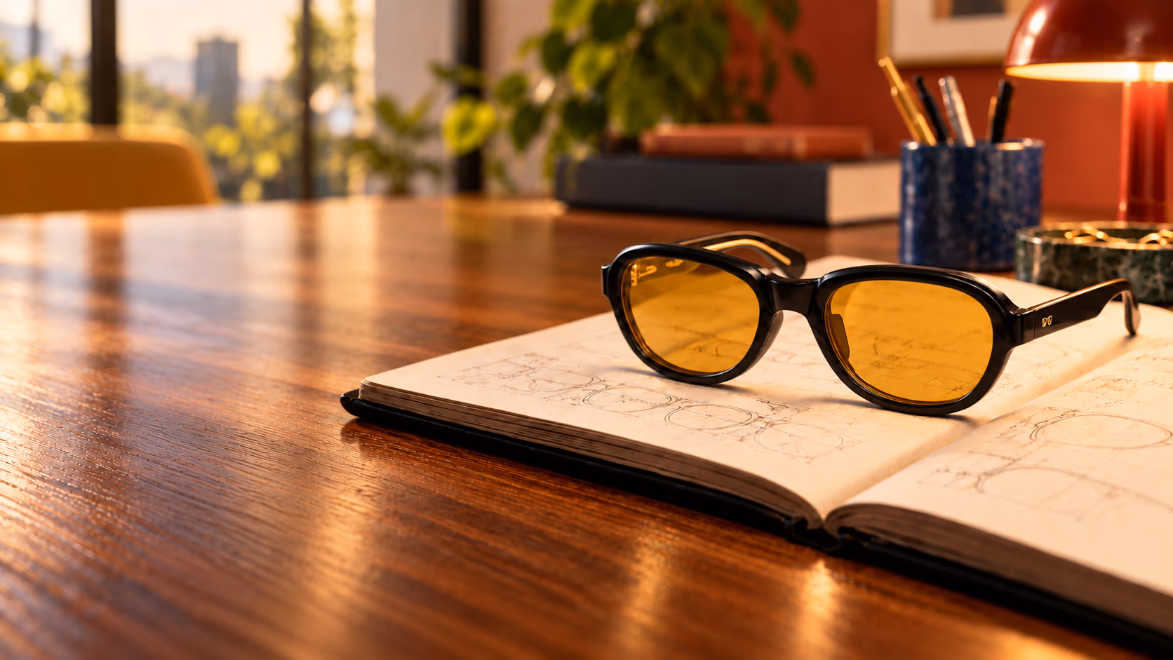 Schwarze ARShades-Brille mit bernsteinfarbenen Gläsern auf einem Skizzenbuch, das bei Sonnenuntergang auf einem Holzschreibtisch liegt.