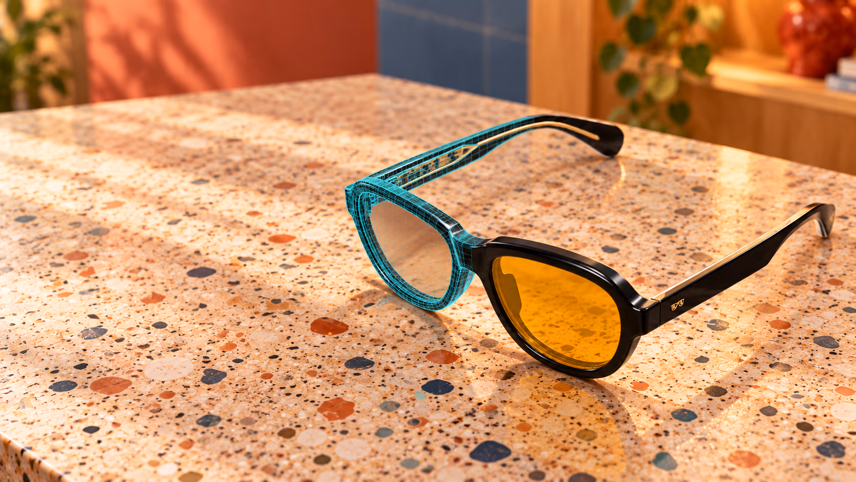 ARShades-Brille, halb 3D-Drahtgittermodell, halb echtes Objekt, auf einer Terrazzo-Oberfläche.