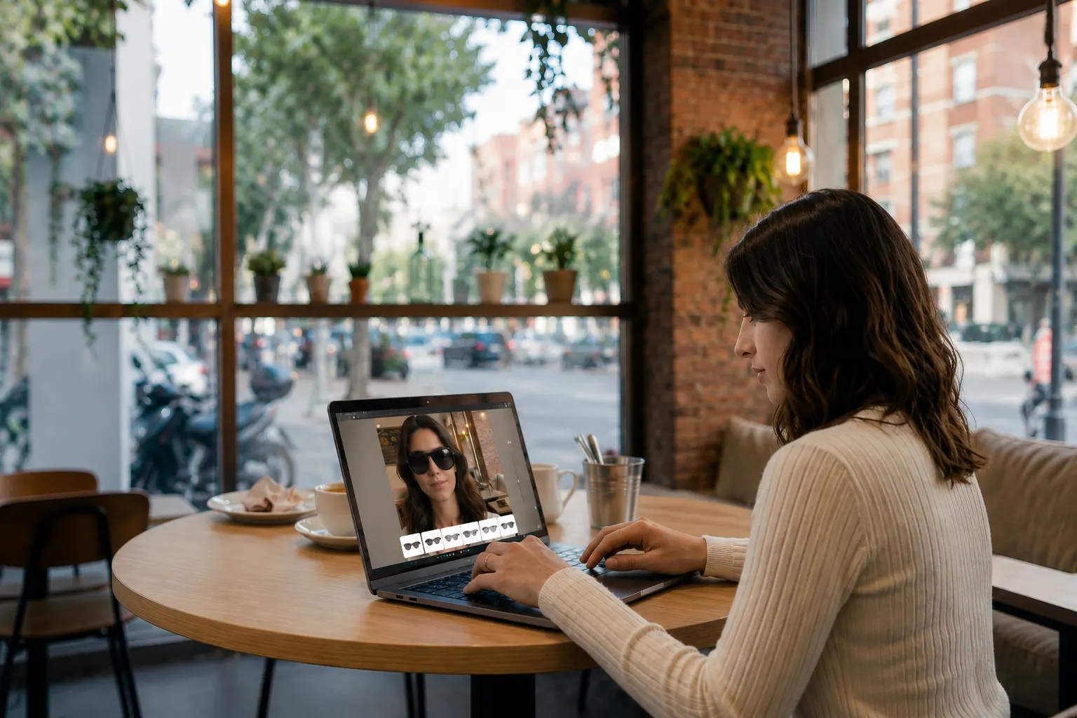 In einem Café probiert eine Frau am Laptop virtuell Brillen an: Der Bildschirm zeigt ihr Gesicht mit einer Sonnenbrille und eine Reihe von Fassungen zur Auswahl.