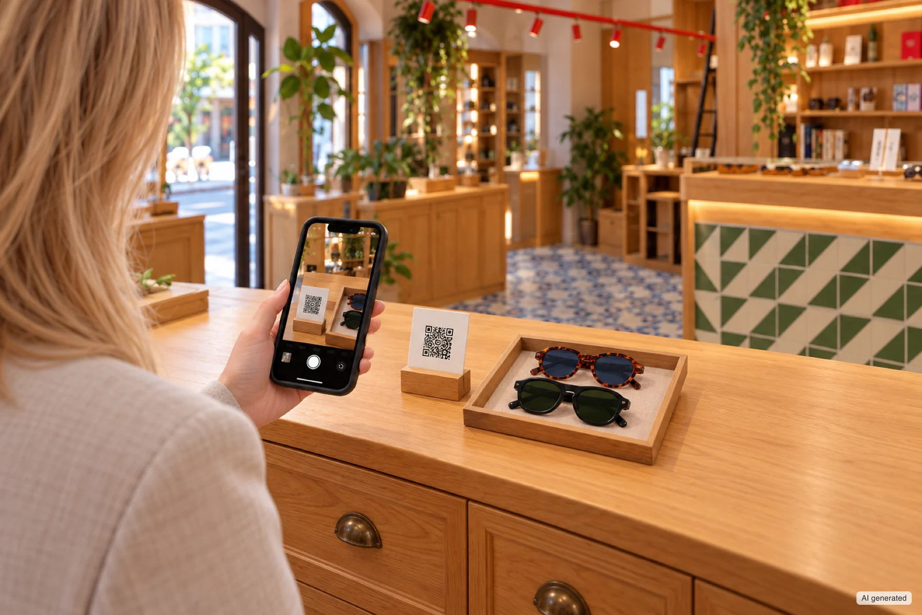 In an optician’s shop, a woman points her phone at the QR code on a counter display next to two pairs of glasses.