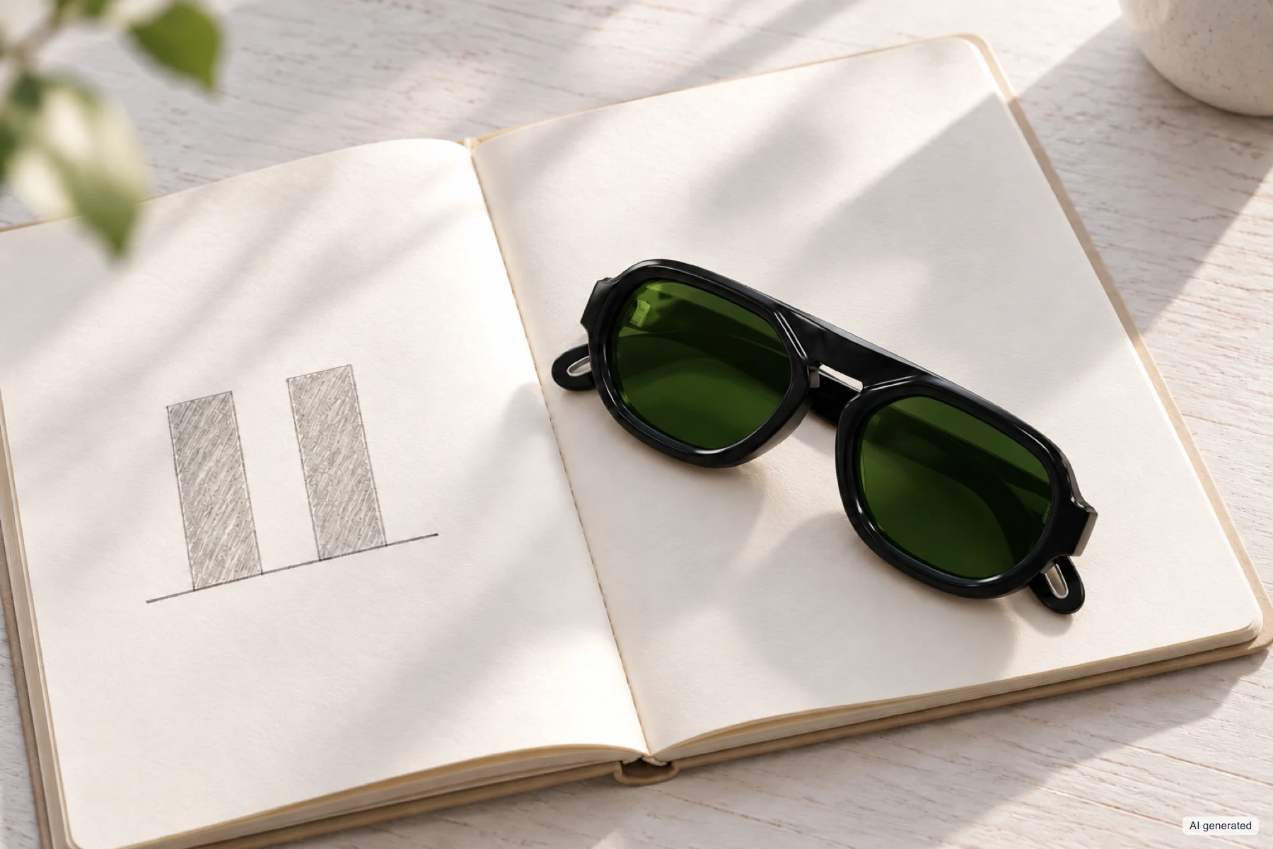 Schwarze Sonnenbrille auf einem aufgeschlagenen Notizbuch mit zwei fast gleich hohen, mit Bleistift gezeichneten Balken.