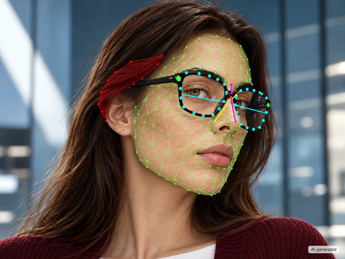 Detail of Chiara3 wearing a black frame, with tracking, alignment and occlusion overlays.