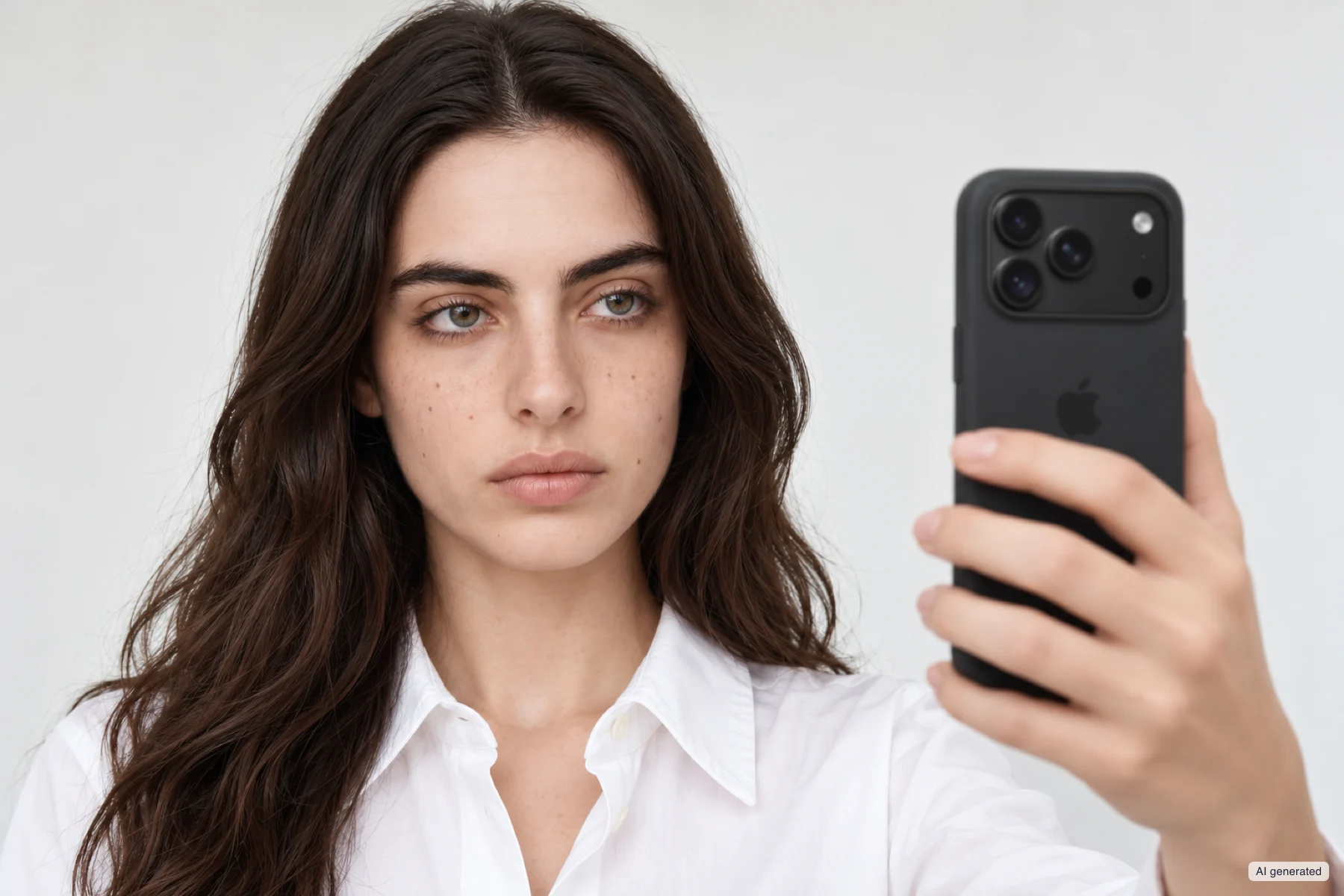 A woman without glasses, seen from the front, holds her phone up for the guided face capture.